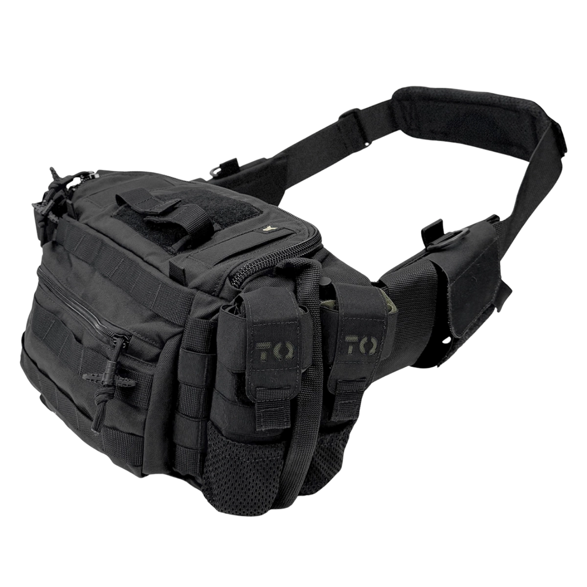Vista laterale della borsa medica BM30 Nero con porta-tourniquet, cintura e tracolla imbottita