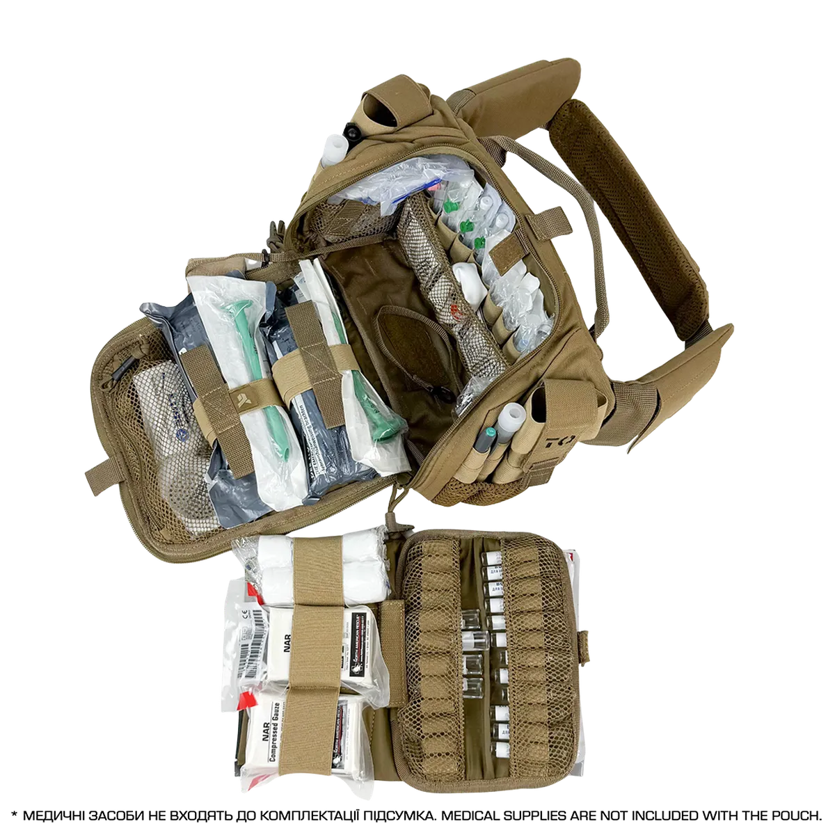 Vista dall’alto della borsa medica BM33 Coyote aperta con compartimenti e materiali dimostrativi non inclusi