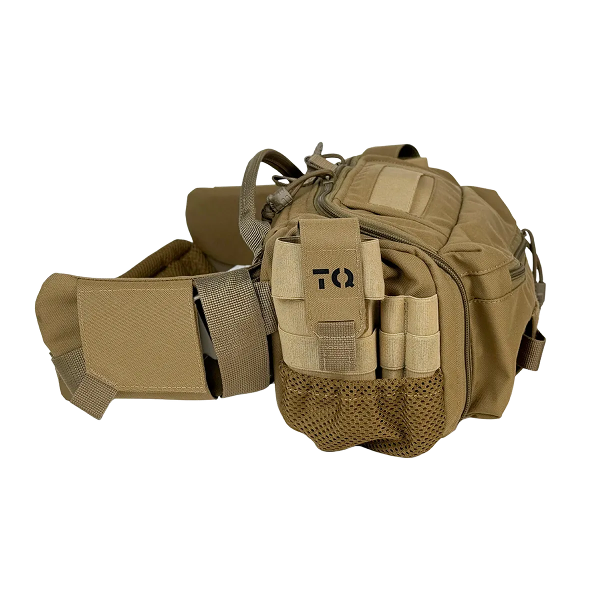 Dettaglio laterale della borsa medica BM33 Coyote con porta-tourniquet, passanti elastici e tasca in rete