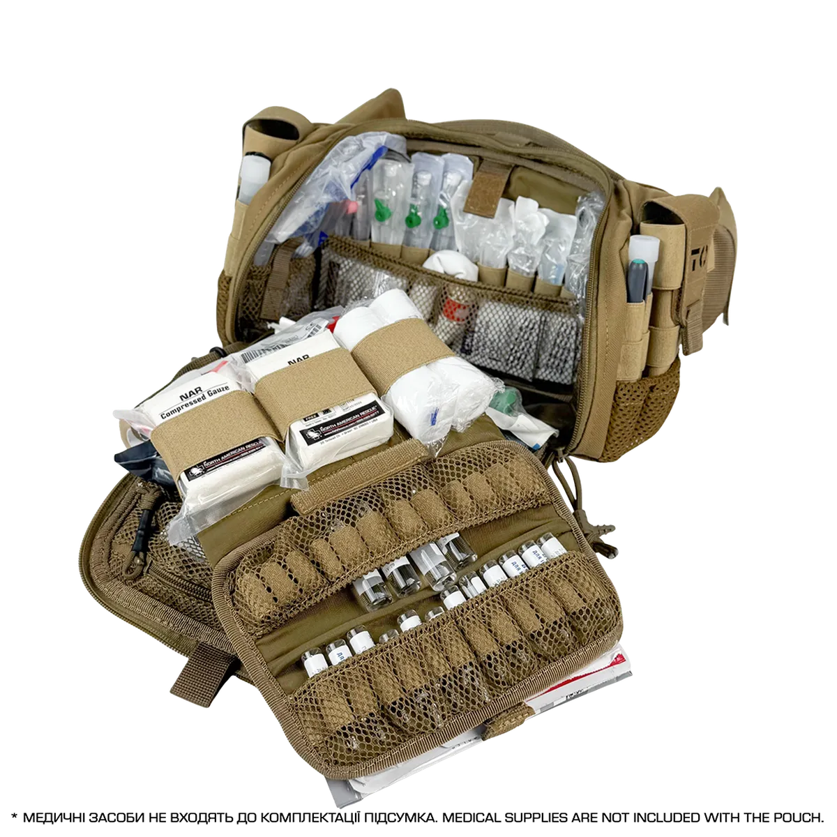 Borsa medica BM33 Coyote aperta con organizzazione interna e materiali sanitari dimostrativi non inclusi
