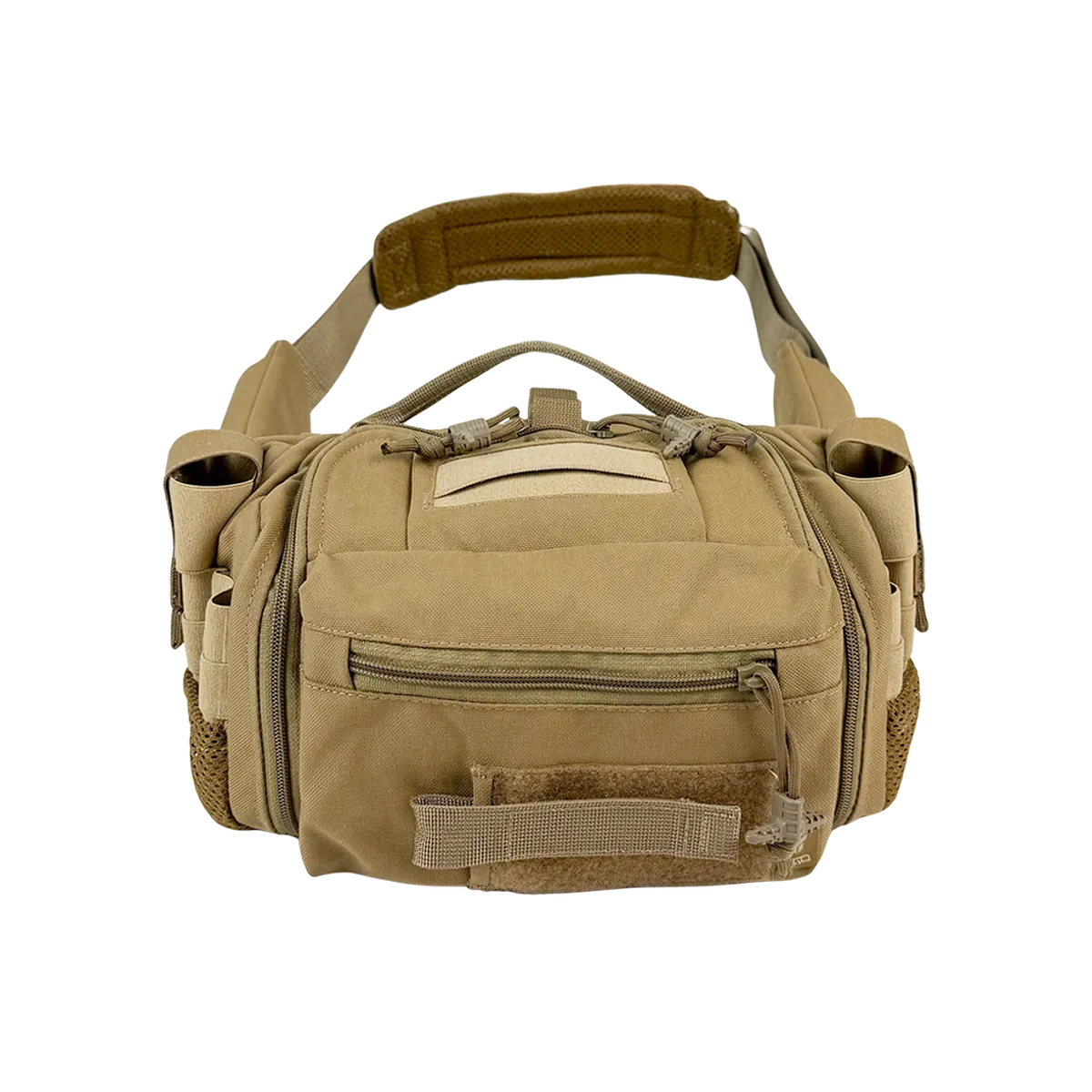 Vista frontale della borsa medica BM33 Coyote con maniglia superiore e tracolla montata