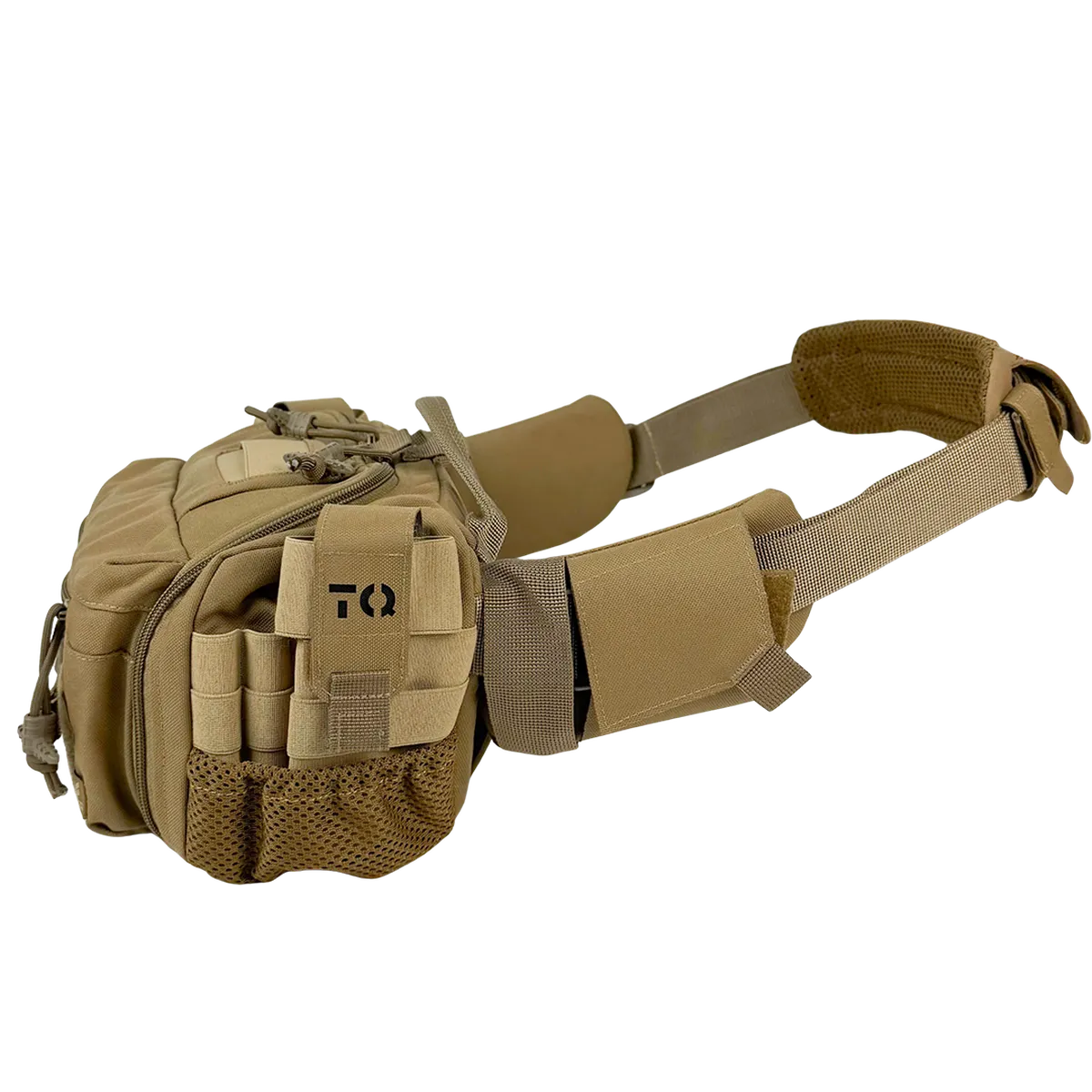 Vista laterale della borsa medica BM33 Coyote indossata in vita con tasche esterne e cintura regolabile