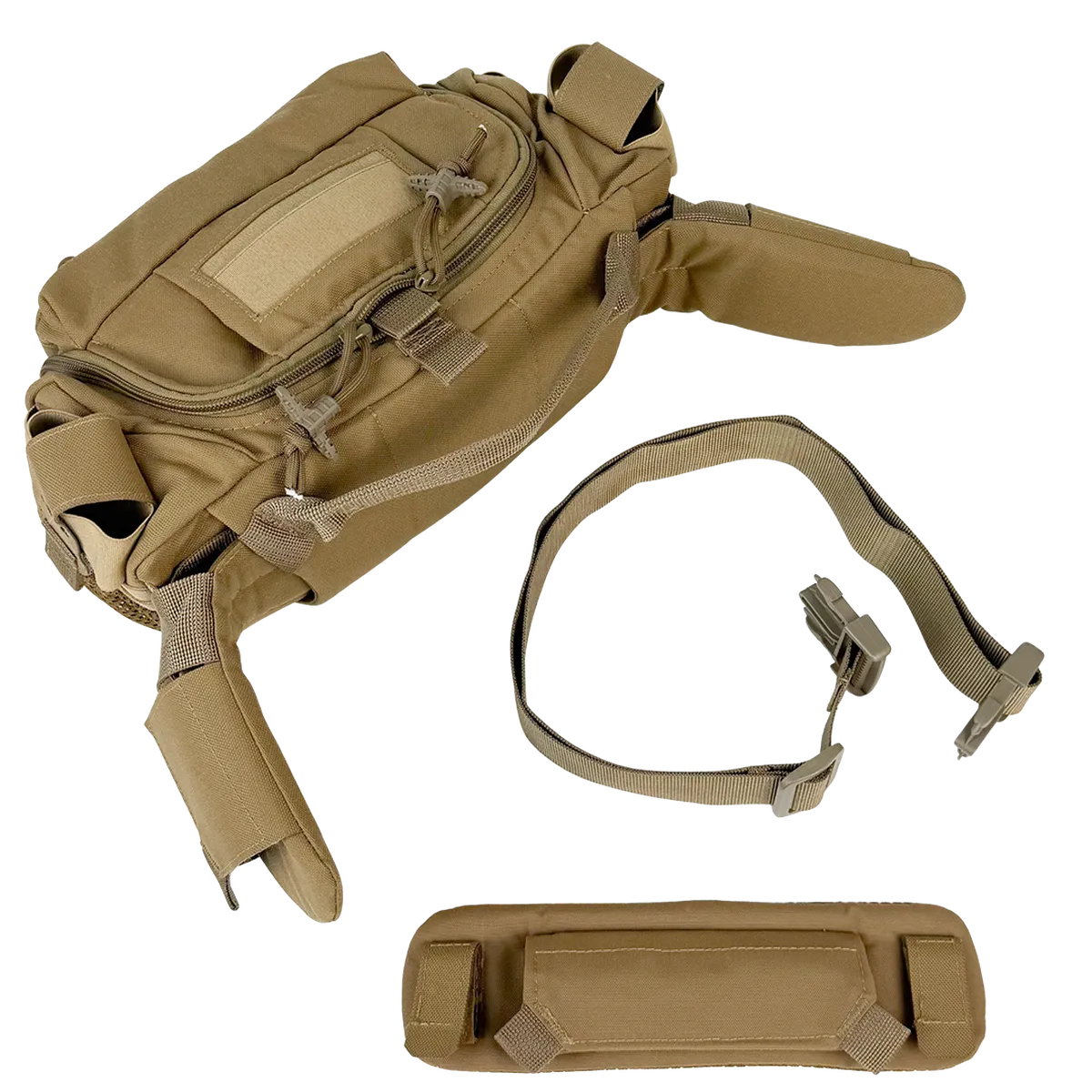Vista superiore della borsa medica BM33 Coyote con cintura-tracolla e supporto inferiore separati