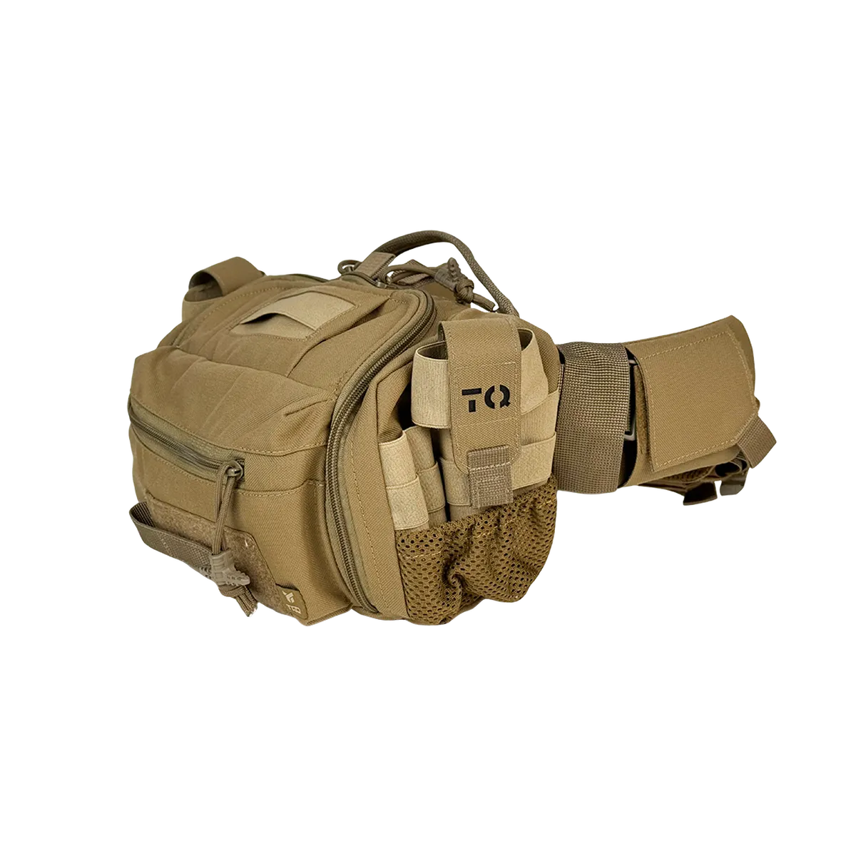 Vista a tre quarti della borsa medica BM33 Coyote con tasca frontale, vani laterali e cintura