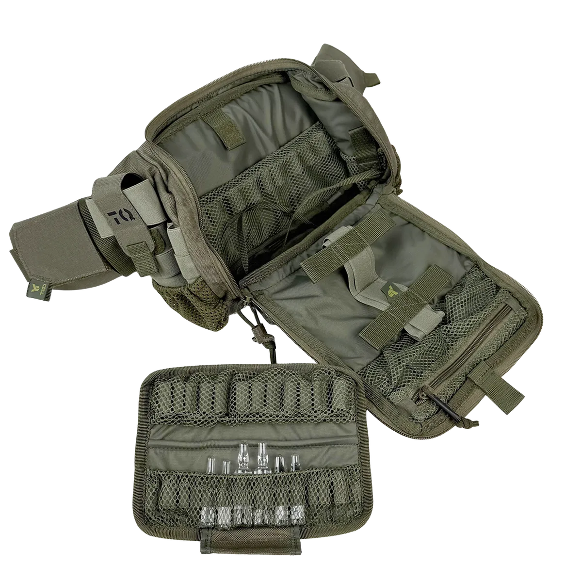 Interno della borsa medica DNIPRO BM33 verde oliva con organizer removibile e tasche porta presidi