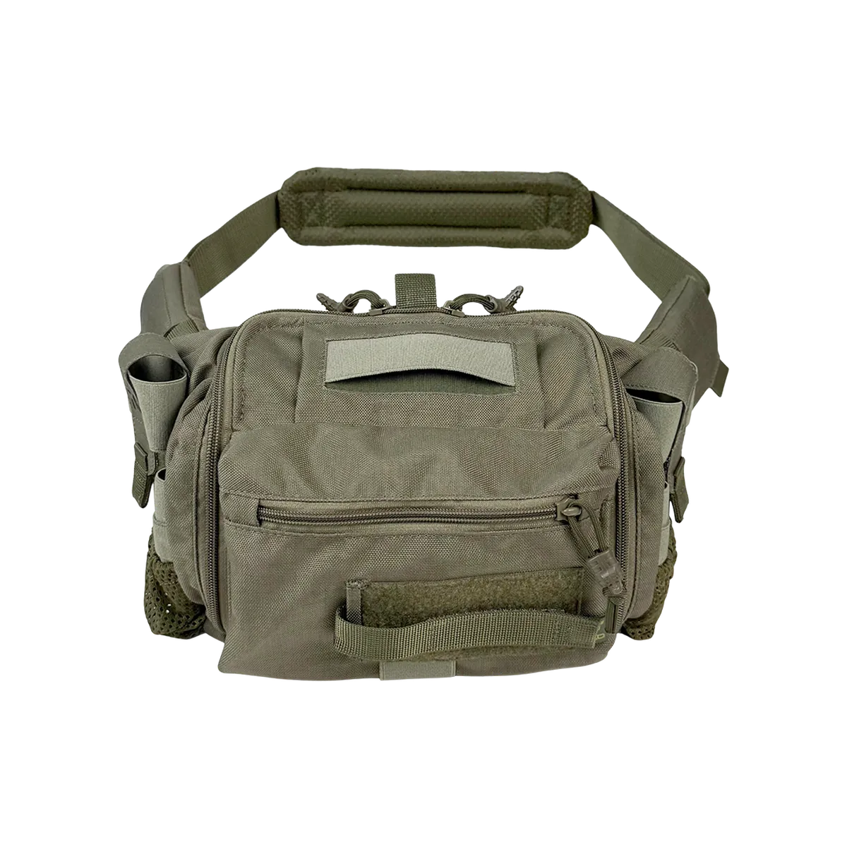 Vista posteriore della borsa medica ibrida tattica DNIPRO BM33 colore verde oliva con tasca posteriore e maniglia