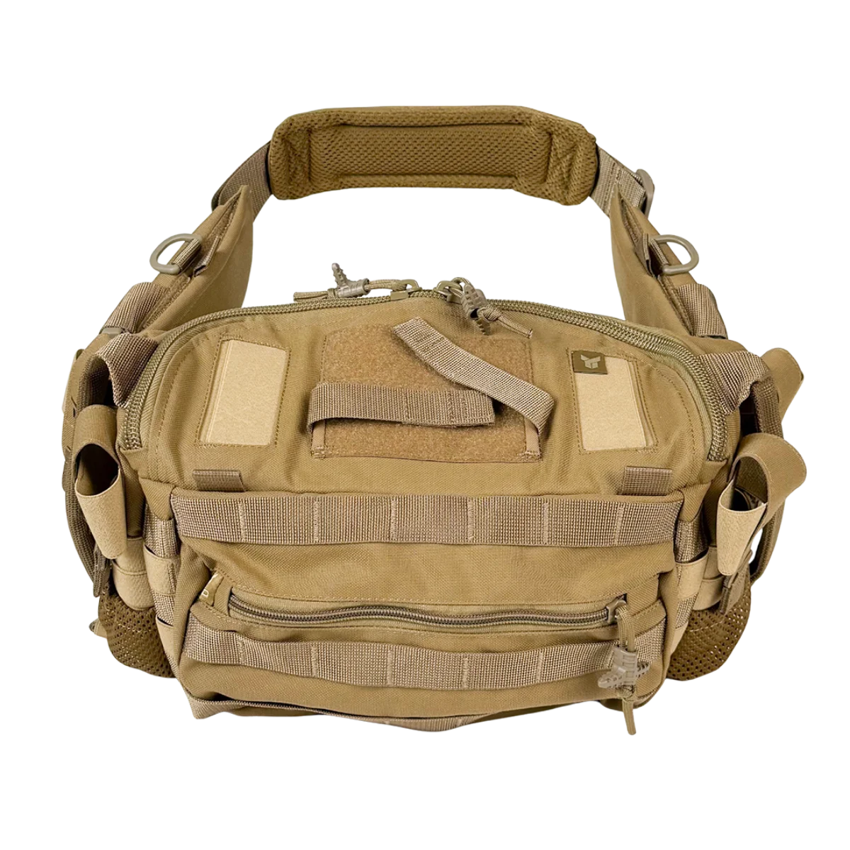 Vista frontale della borsa medica tattica BM30 Coyote con pannello MOLLE e tasche laterali