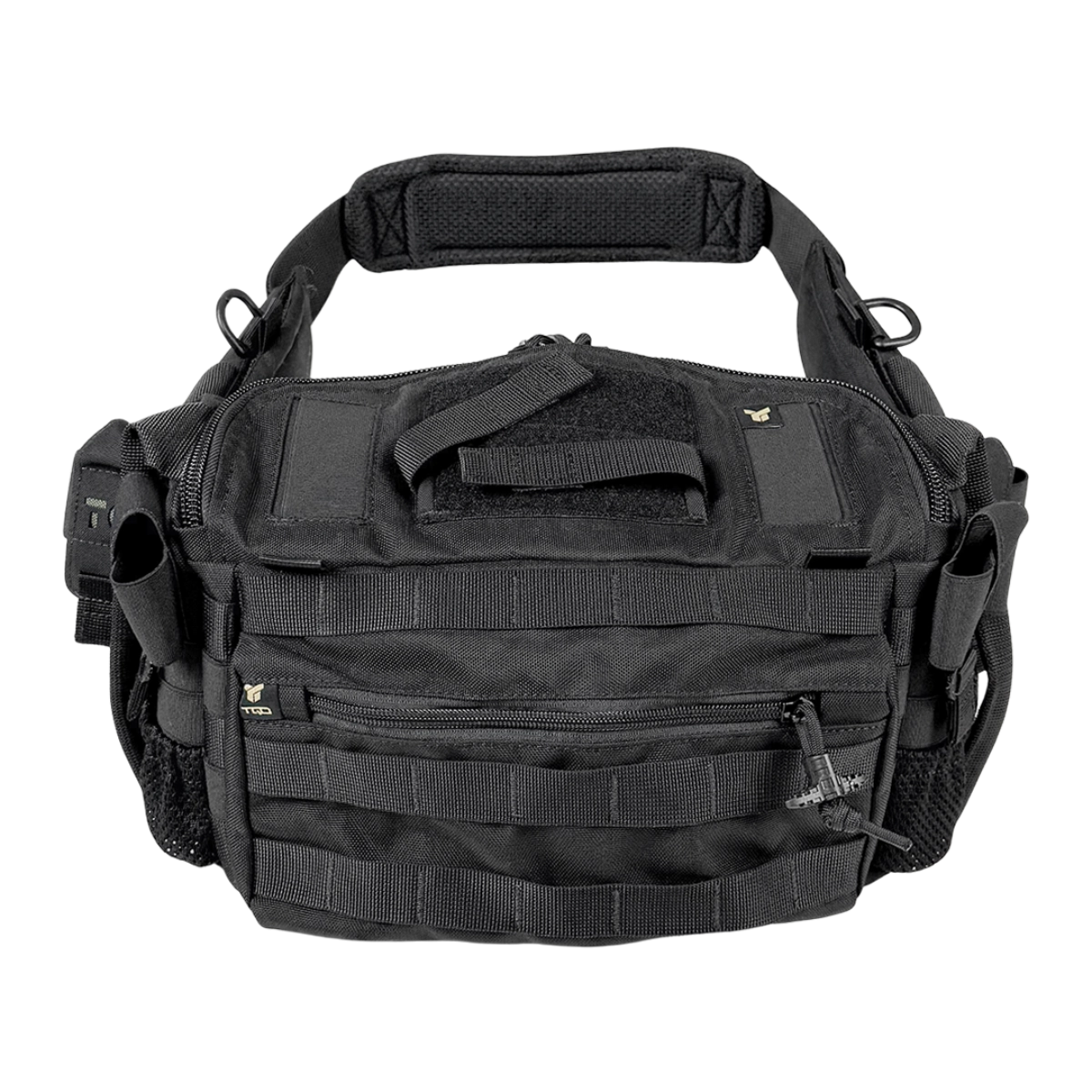 Vista frontale della borsa medica tattica BM30 Nero con pannello MOLLE e maniglia superiore