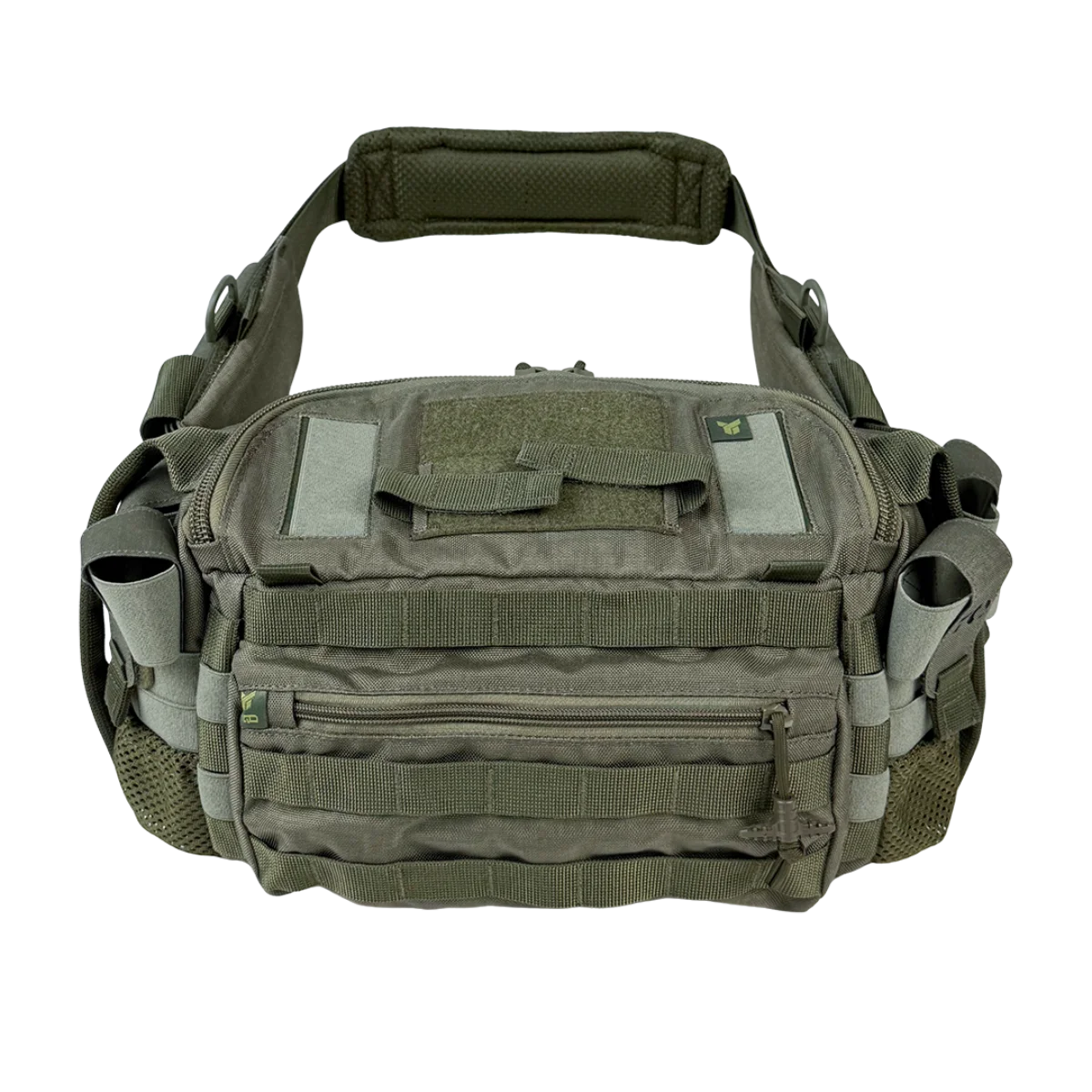 Vista frontale della borsa medica tattica BM30 Oliva con pannello MOLLE e maniglia superiore