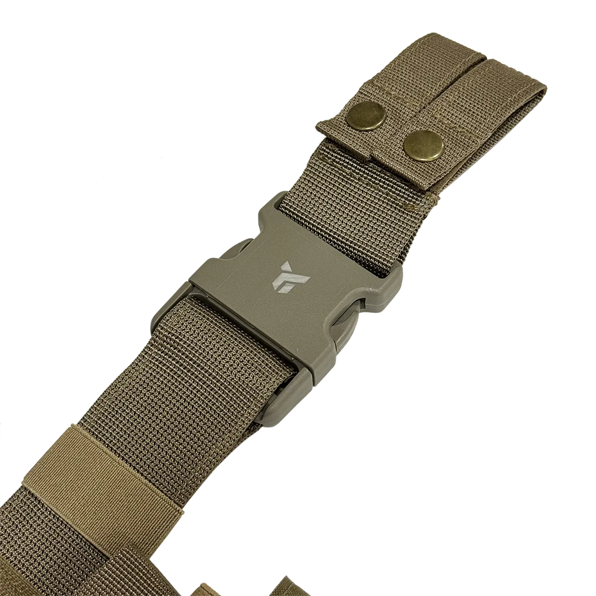 Dettaglio della fibbia a sgancio rapido del cosciale medico aperto DNIPRO PM25 GEN2 Coyote.