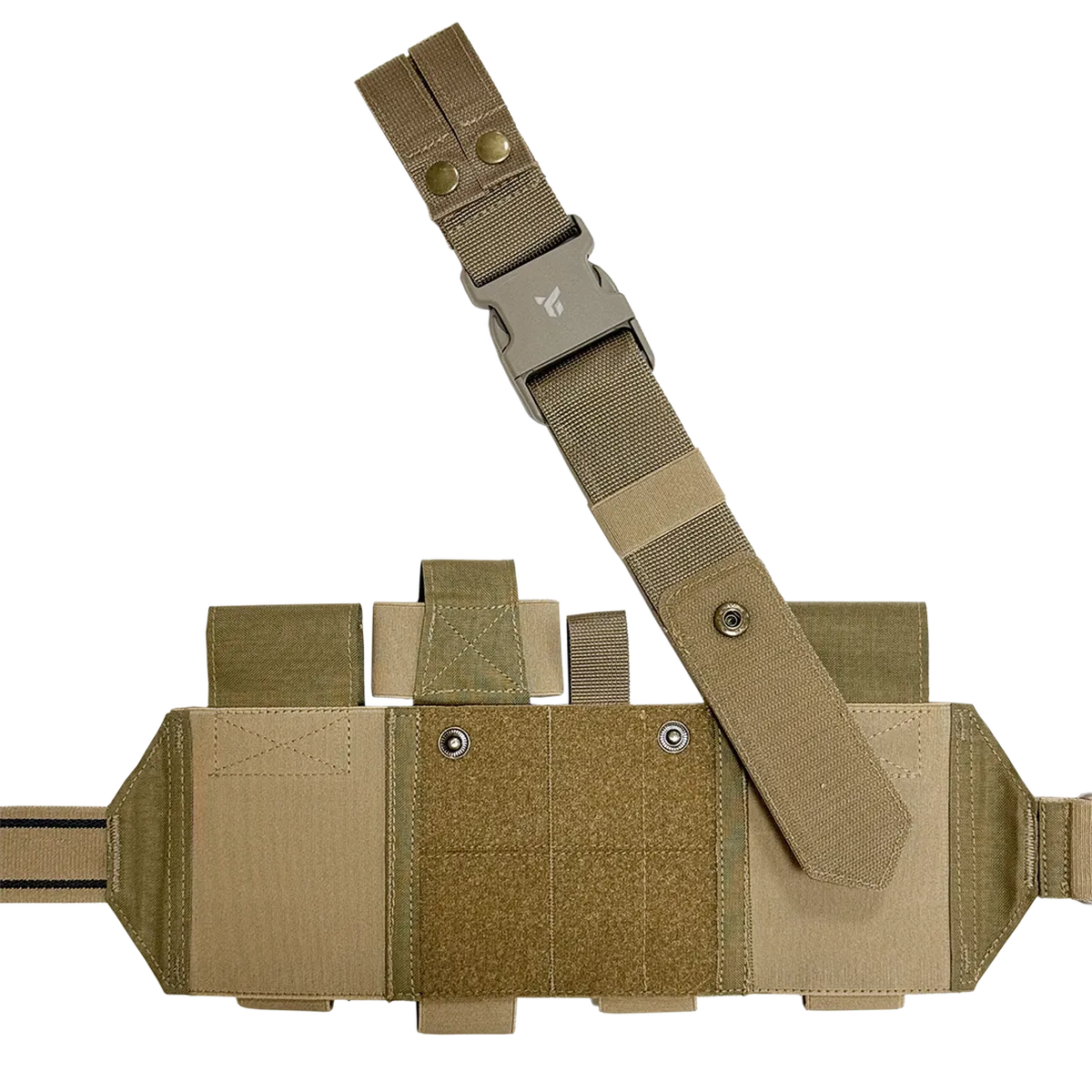 Retro del cosciale medico DNIPRO PM25 GEN2 Coyote con sistema di apertura e fissaggio completamente visibile.