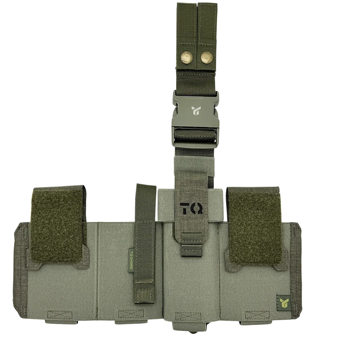 Vista frontale del cosciale medico aperto DNIPRO PM25 GEN2 Oliva con tasche porta kit, porta tourniquet e sistema di fissaggio regolabile.