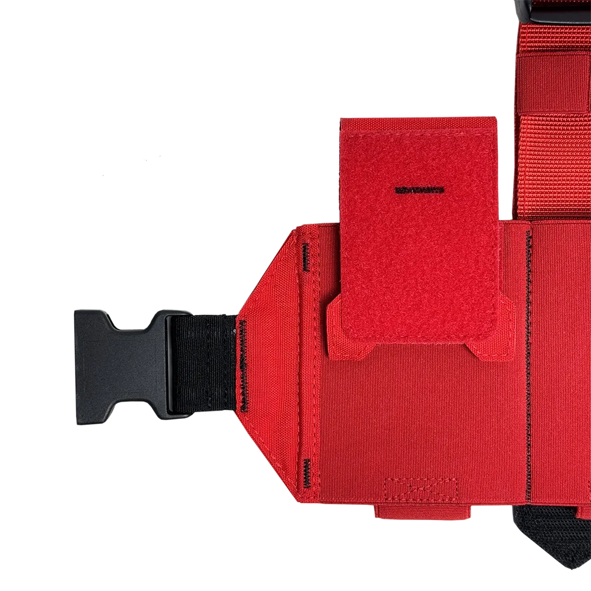 Dettaglio laterale del cosciale medico aperto DNIPRO PM25 GEN2 Rosso con sistema di chiusura in Velcro®.