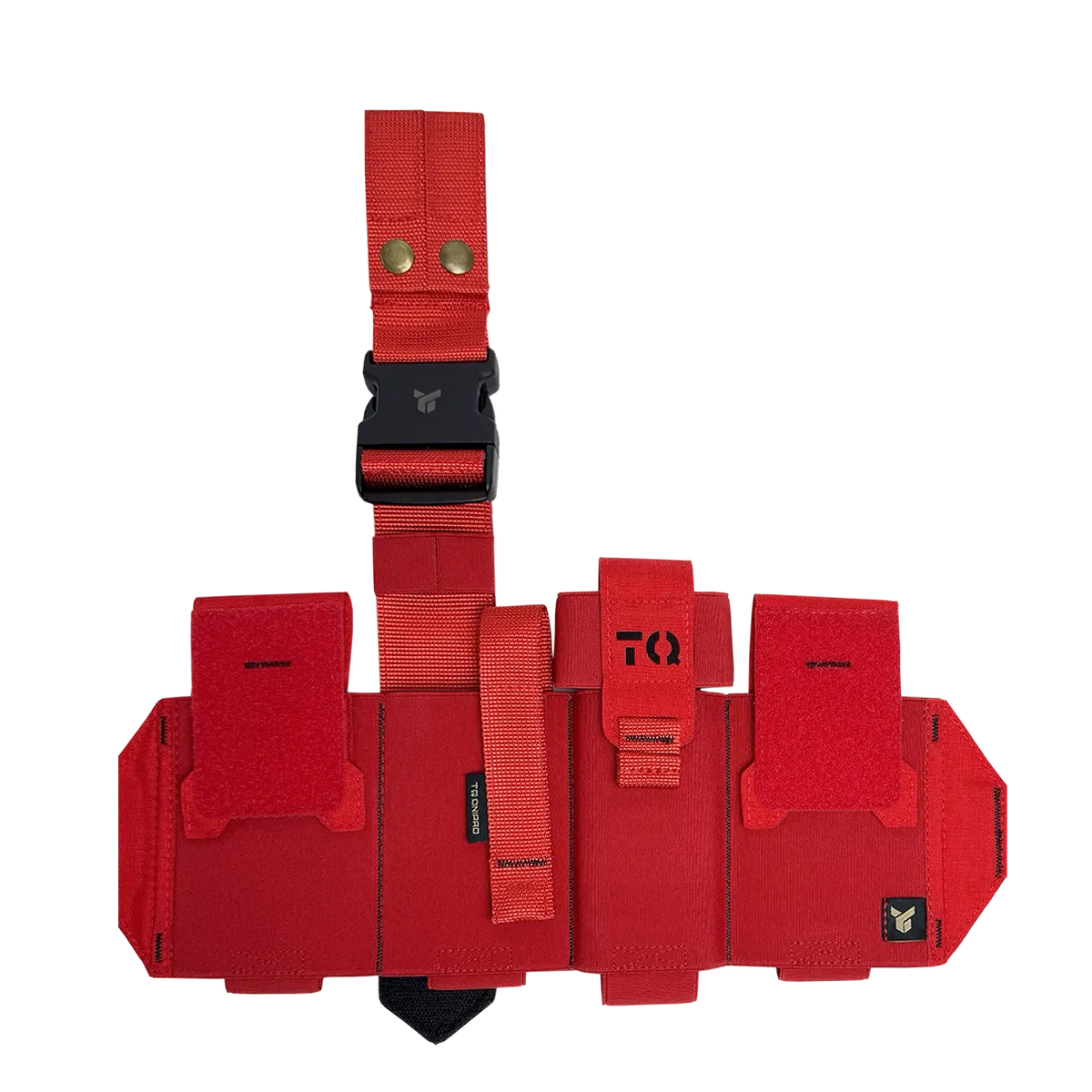 Vista frontale del cosciale medico aperto DNIPRO PM25 GEN2 Rosso con tasche porta kit, porta tourniquet e sistema di fissaggio regolabile.