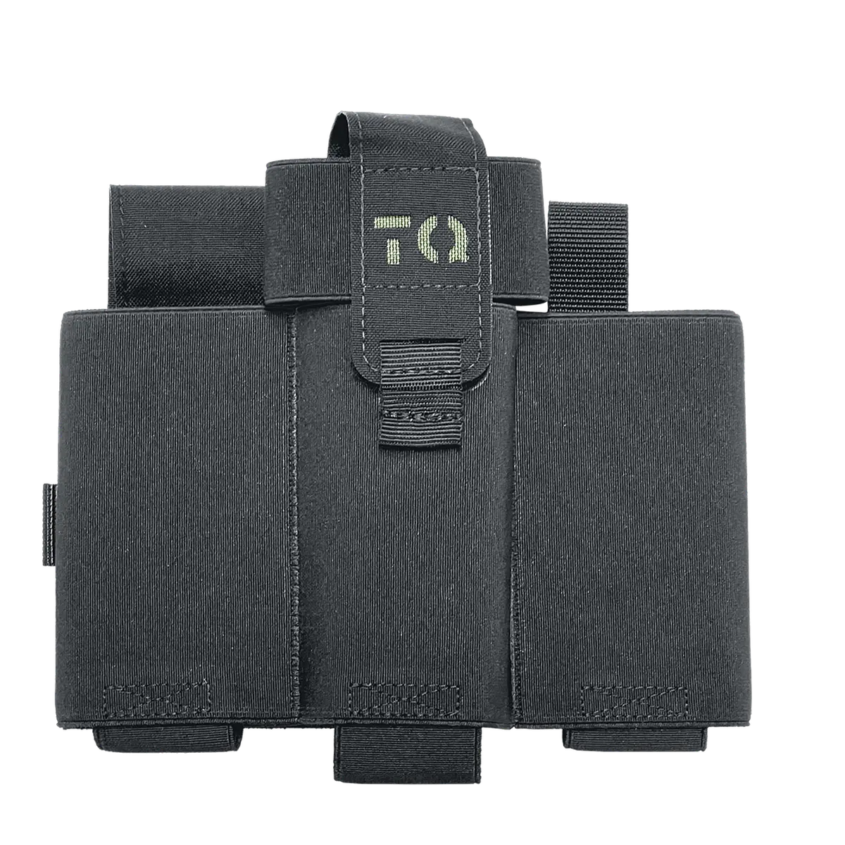 Custodia IFAK da caviglia tattica DNIPRO PM23 nera vista frontale con sistema di fissaggio a Velcro, fascia elastica e supporto per kit di primo soccorso individuale.
