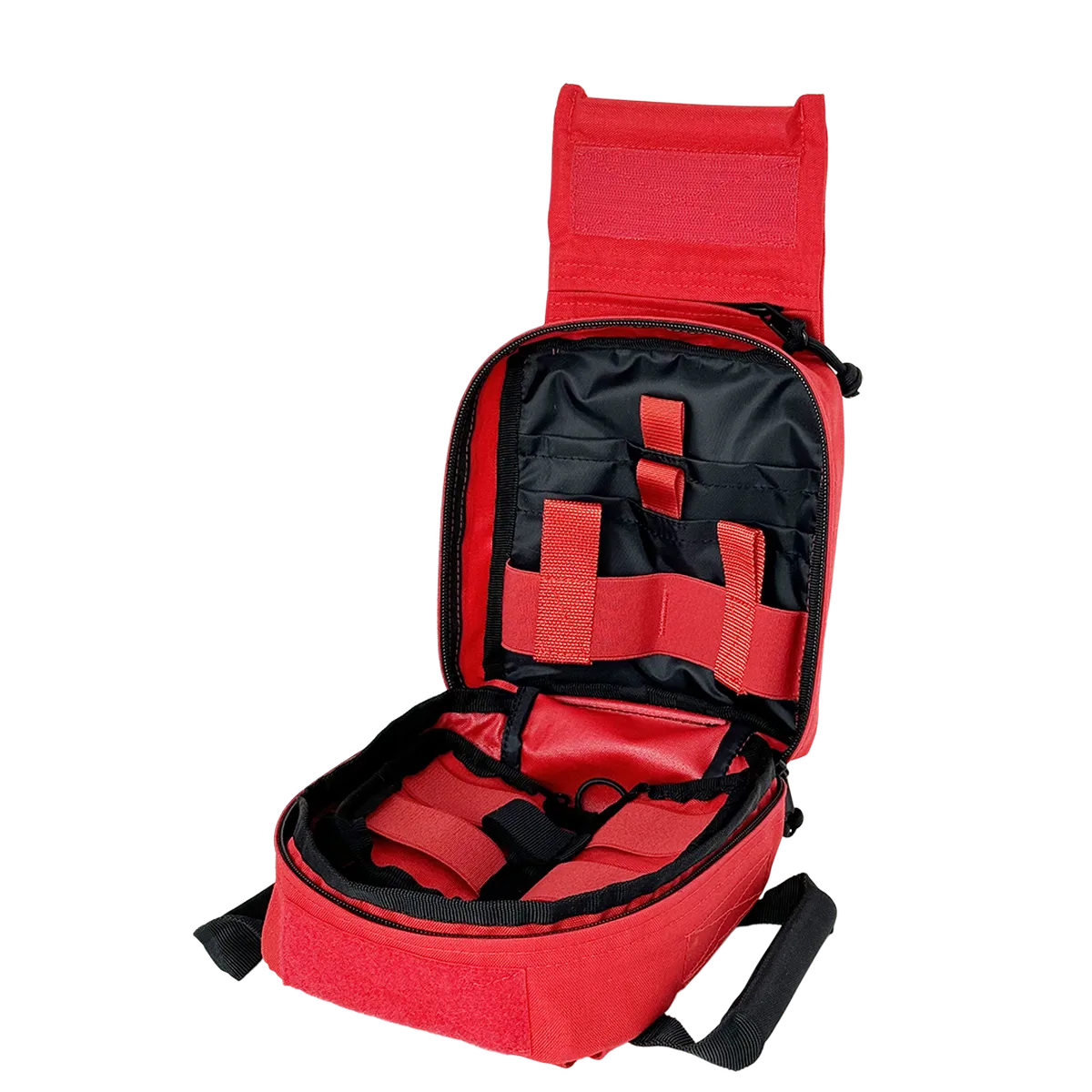 Interno organizzato con elastici, tasche e divisori per materiale sanitario.