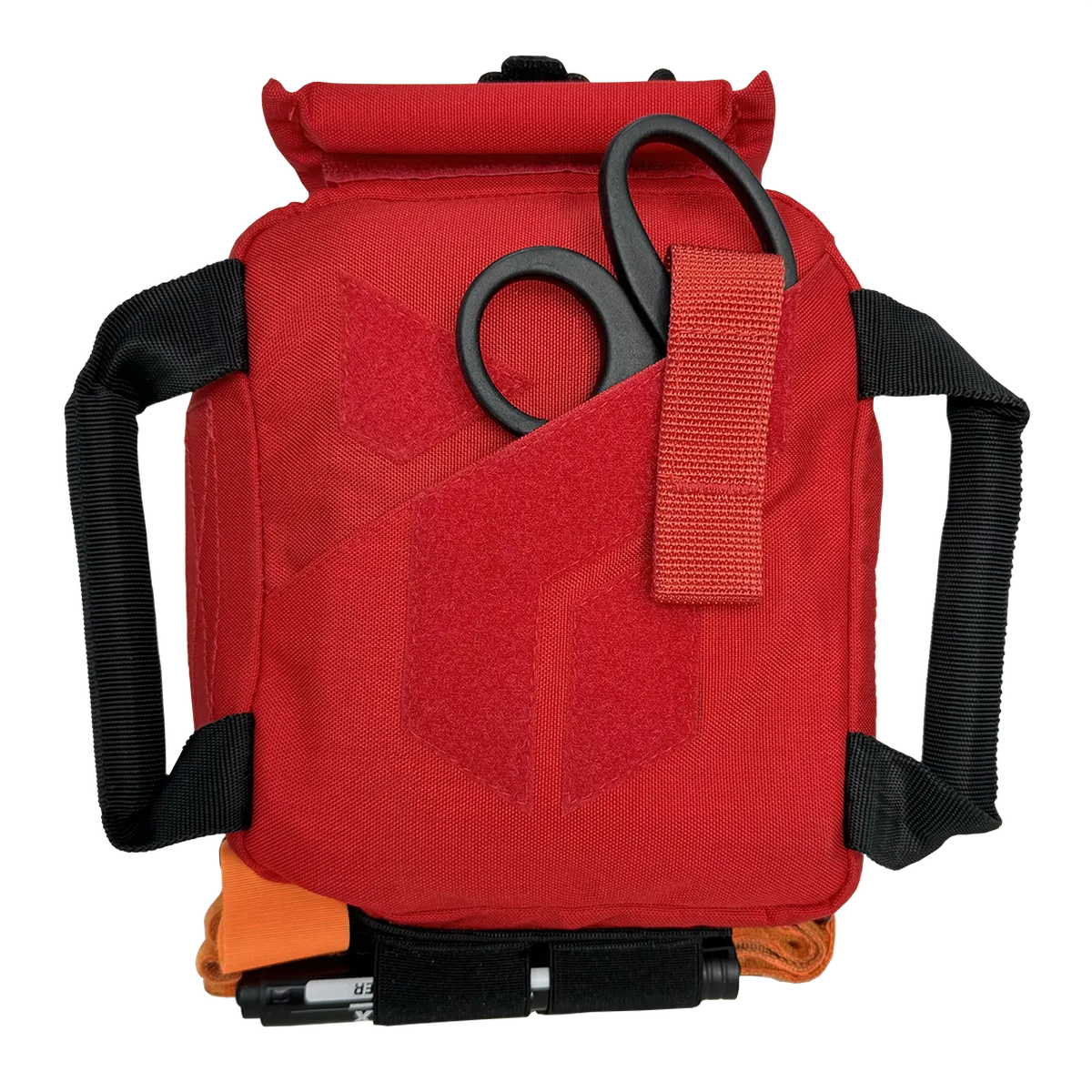 Custodia medica portatile DNIPRO RM29 rossa vista frontale con doppia maniglia di trasporto, tasca esterna per forbici da trauma e pannello in velcro per identificazione del kit di pronto soccorso.
