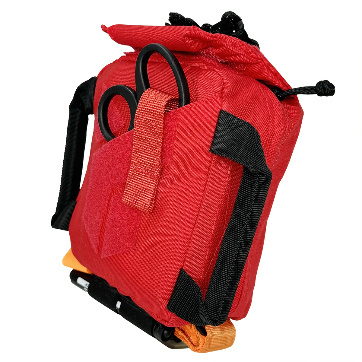 Vista laterale della custodia medica DNIPRO RM29 rossa che evidenzia il design compatto da 4 litri, le robuste maniglie laterali e la tasca esterna per accesso rapido agli strumenti di emergenza.