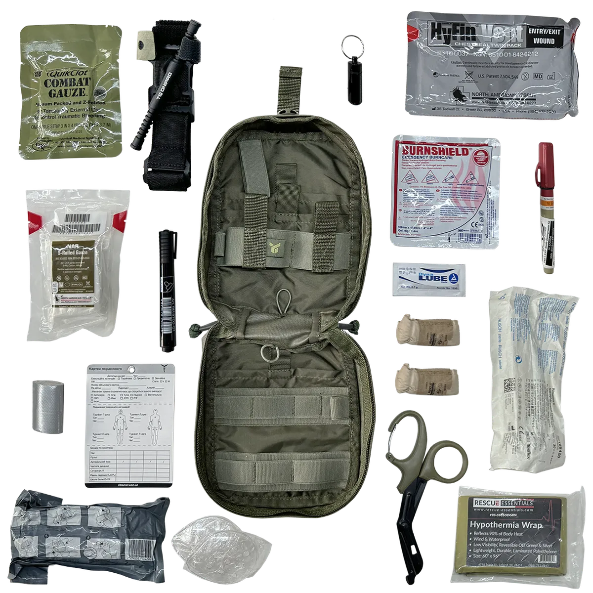Porta IFAK Dnipro PM24 GEN2 Oliva con esempio di organizzazione del kit medico tattico
