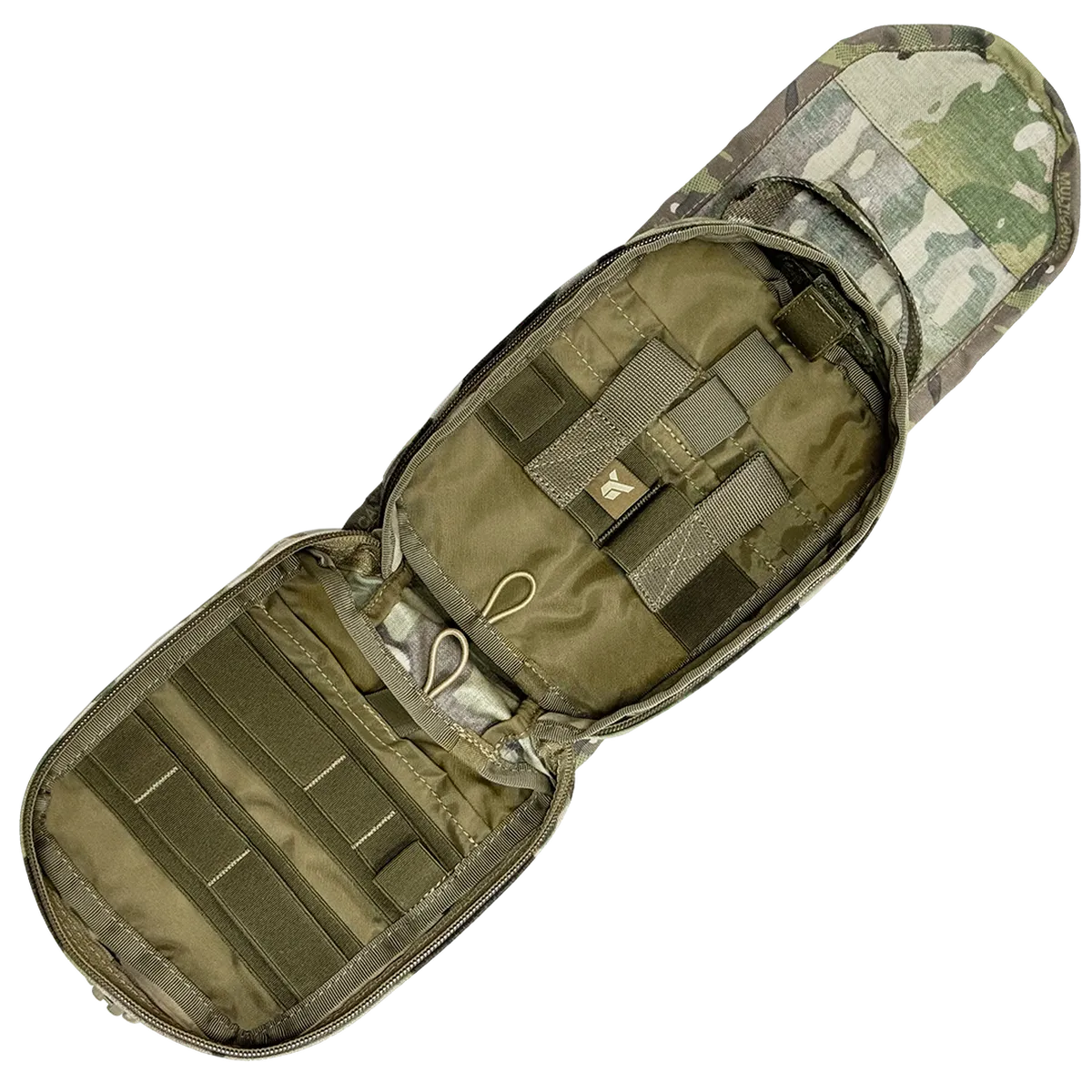 Interno della custodia IFAK DNIPRO PM22 Multicam con elastici fermamateriale e scomparti organizzati.