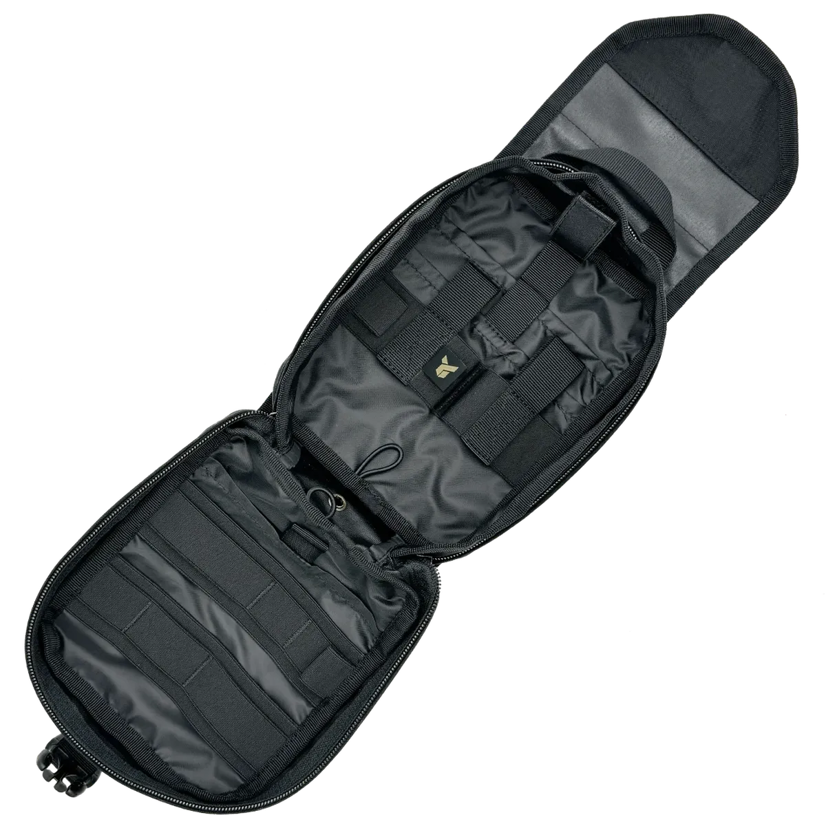 Interno della custodia IFAK DNIPRO PM22 nera con elastici ferma materiale, tasche e scomparti organizzati per il kit medico.