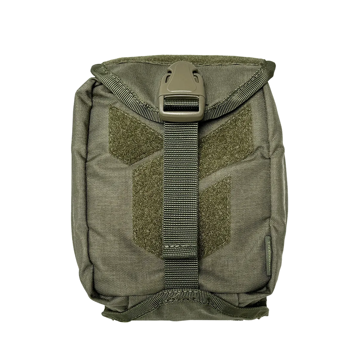 Vista frontale del porta IFAK Dnipro PM22 colore Oliva con chiusura a fibbia.