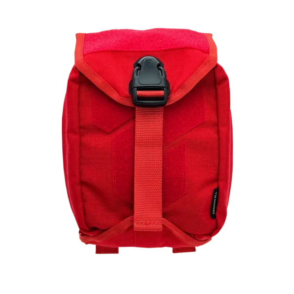 Vista frontale del porta IFAK Dnipro PM22 colore Rosso con chiusura a fibbia e pannello Velcro frontale.