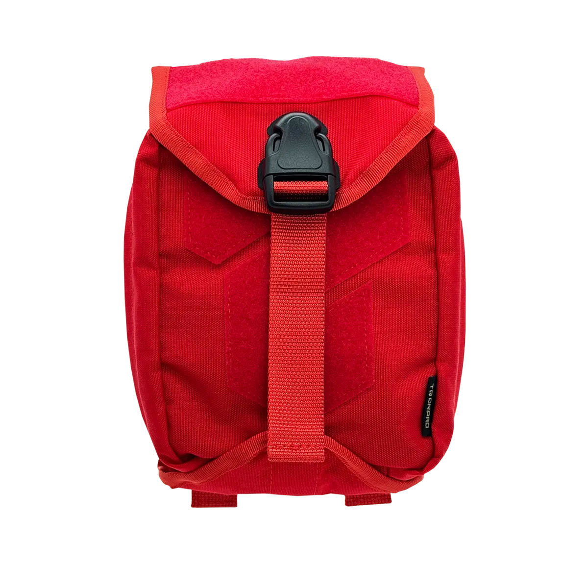 Vista frontale del porta IFAK Dnipro PM22 colore Rosso con chiusura a fibbia e pannello Velcro frontale.