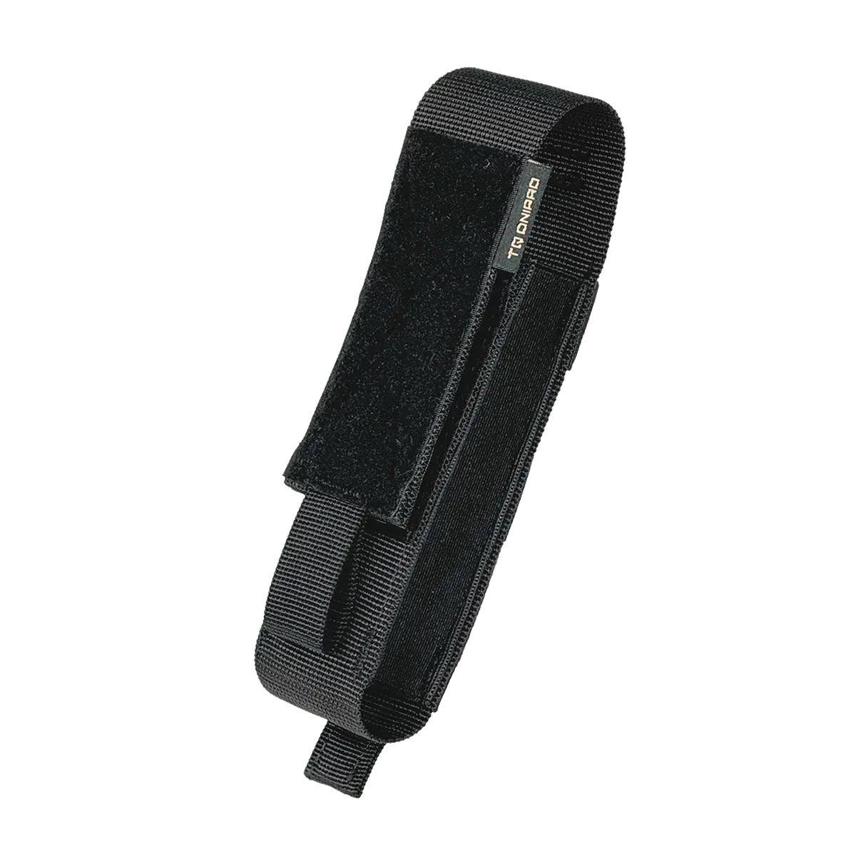 Vista prospettica del porta tourniquet tattico DNIPRO PM01 GEN2 Nero con chiusura a Velcro ed elastici laterali di ritenzione