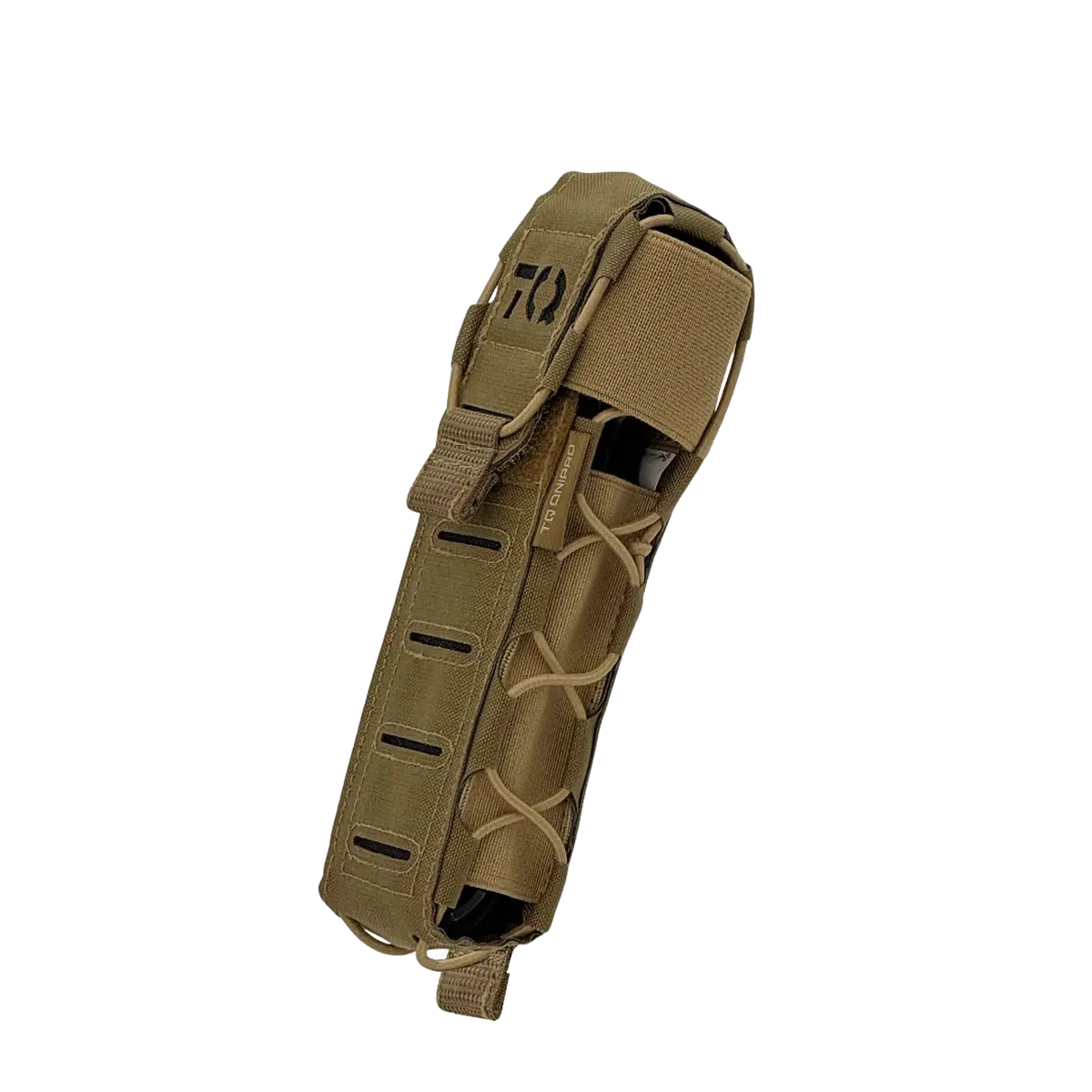 Vista prospettica del porta tourniquet tattico DNIPRO Gen2 PM03 Coyote con pannelli elastici laterali e chiusura a Velcro