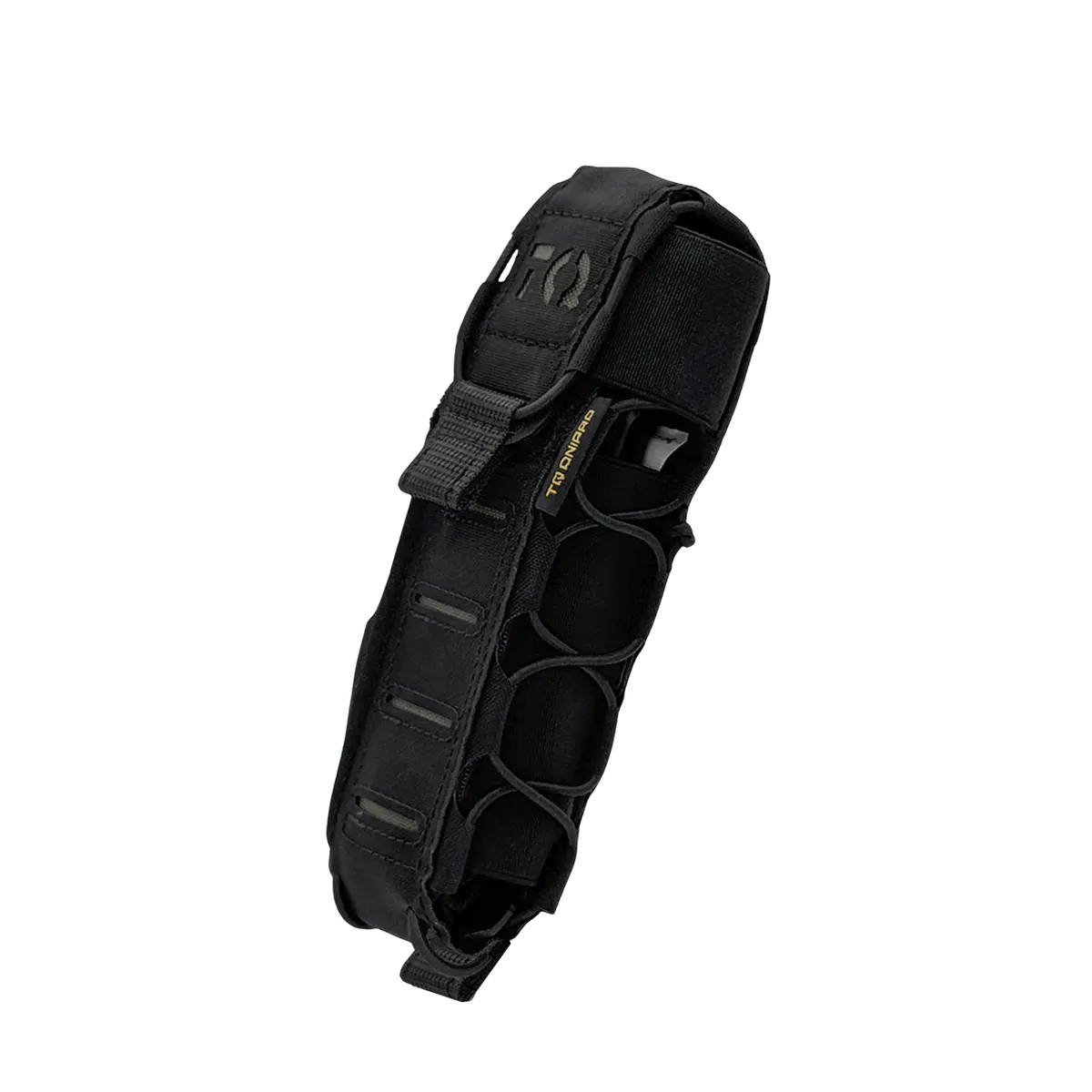 Vista prospettica del porta tourniquet tattico DNIPRO Gen2 PM03 nero con pannelli elastici laterali e chiusura a Velcro