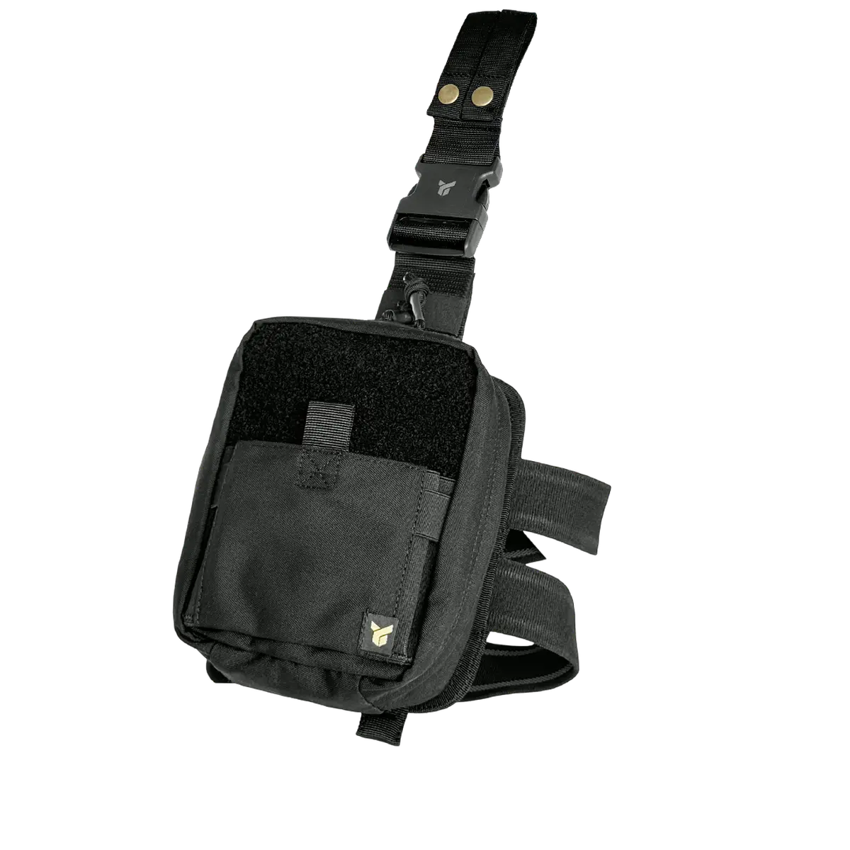 Tasca medica cosciale tattica DNIPRO PM21 Gen2 di colore nero, vista frontale chiusa montata su piattaforma da coscia con patch medica.
