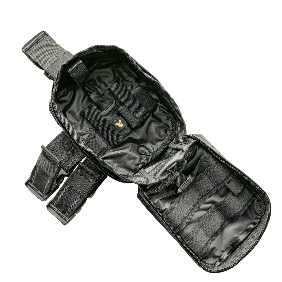 Scomparto interno della custodia tattica medica PM21 Gen2 nera completamente aperta, con scomparti multipli e bande elastiche per kit di primo soccorso.