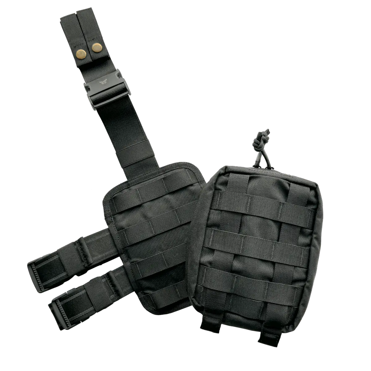 Tasca medica tattica IFAK DNIPRO PM21 nera separata dalla sua base cosciale tramite sistema a strappo rapido rip-away, con pannello MOLLE posteriore visibile.