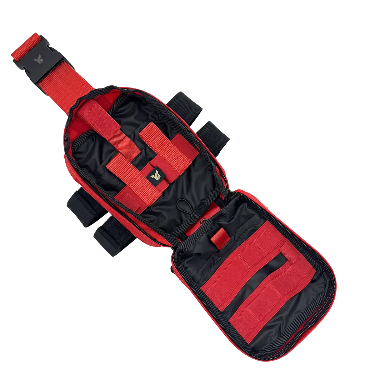 Scomparto interno della tasca medica tattica PM21 Gen2 rossa per soccorso civile aperta a libro, con bande elastiche rosse e fodera nera.