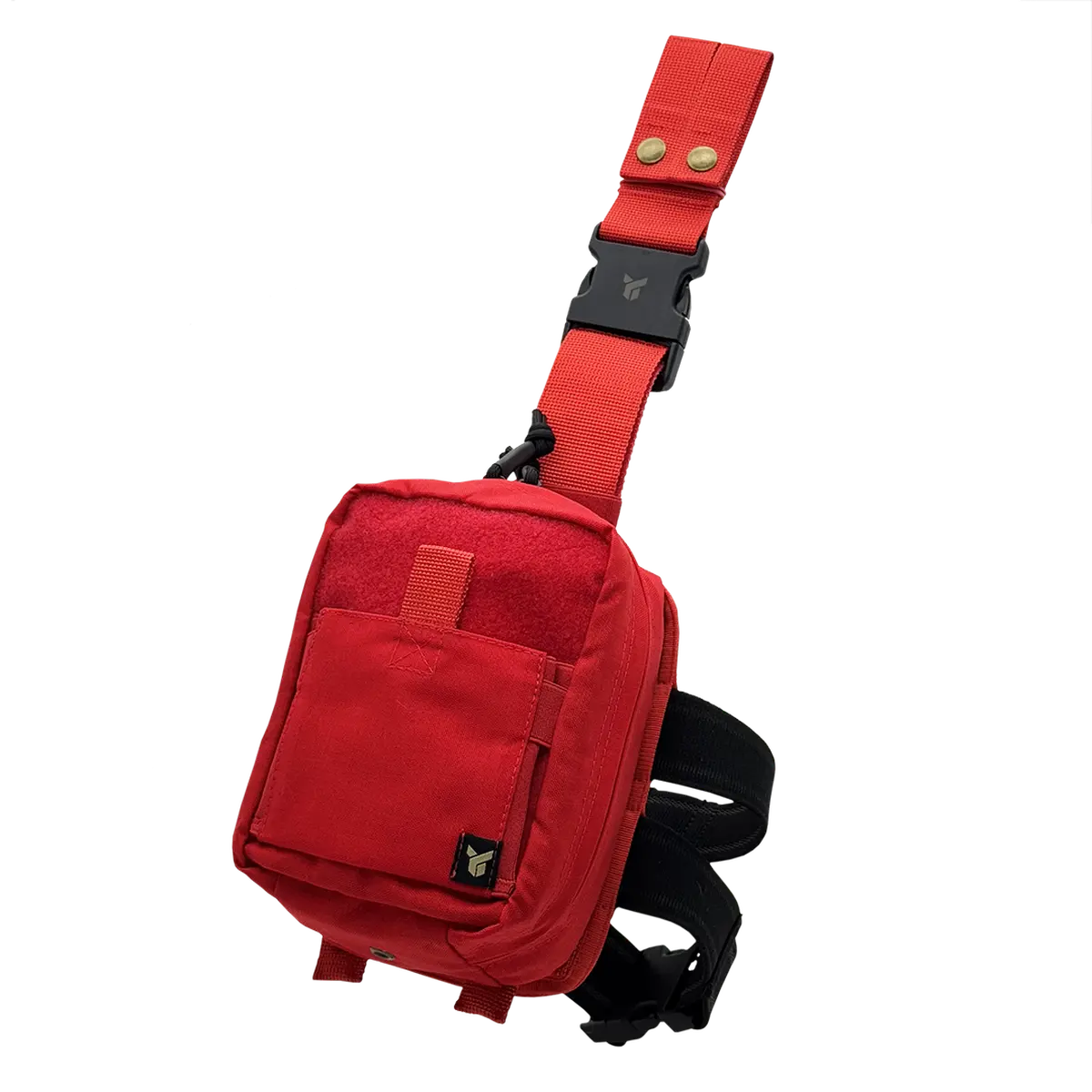 Tasca medica cosciale tattica DNIPRO PM21 Gen2 di colore rosso ad alta visibilità, vista frontale chiusa montata su piattaforma.