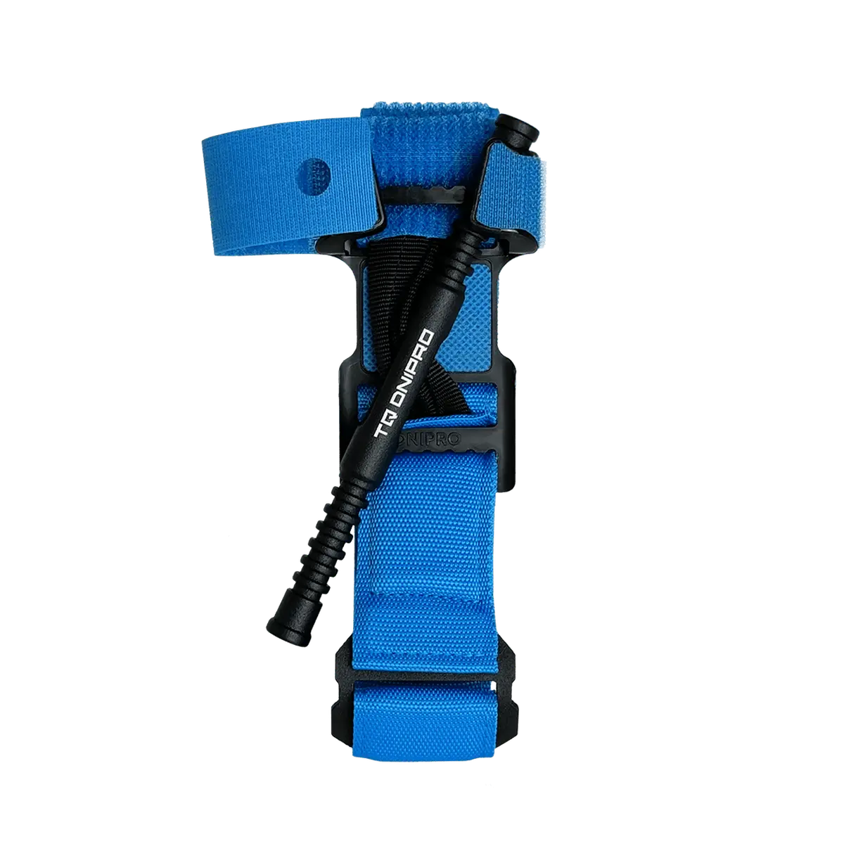 Tourniquet TQ DNIPRO blu per addestramento con windlass e fibbia di bloccaggio, vista frontale.